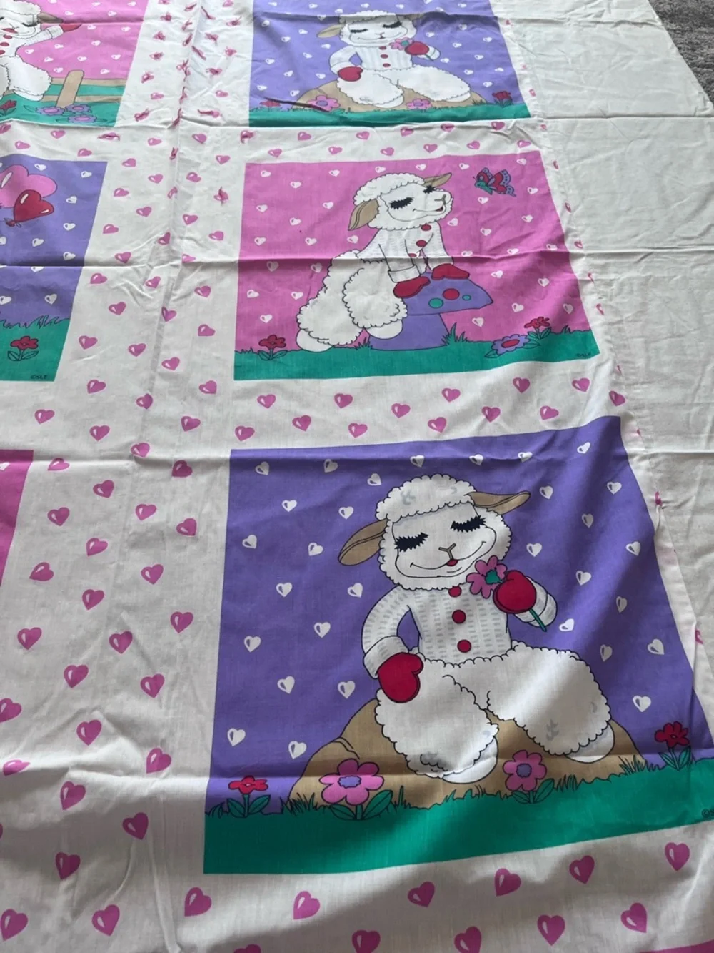 Children's Pink and Purple Lamb Print Bedding Panel - Cheater quilt top